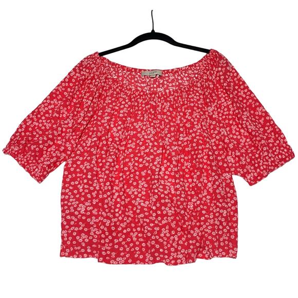LOFT Tops - Ann Taylor LOFT Crop Top Blouse sz XL Coral Pink Daisy Floral Peasant Loose Fit